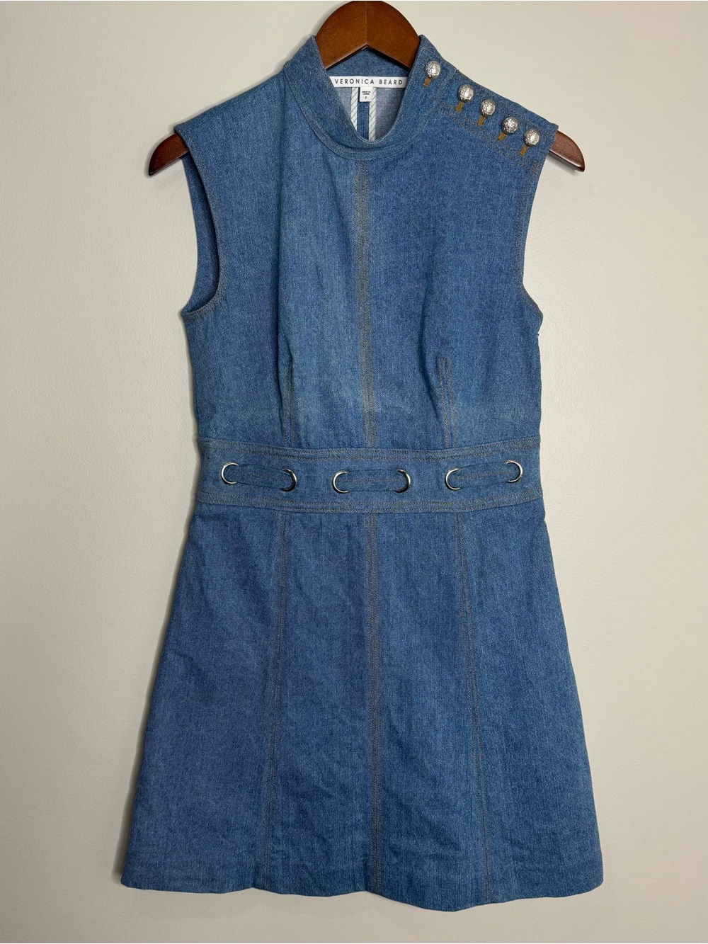 Veronica Beard Blue Denim High Neck Sleeveless Mini Dress Buttons Size 2